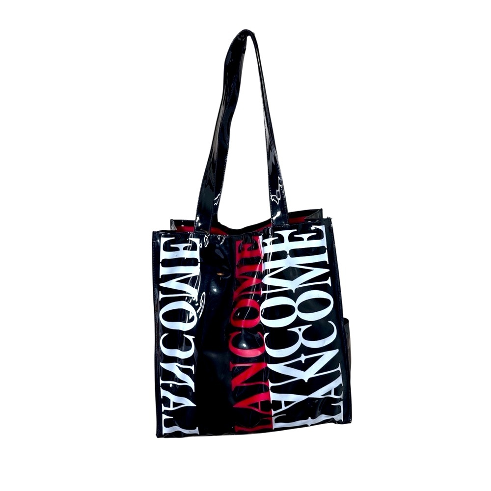 Lancome Black Patent Plastic Tote Bag with Bold White and Red Text